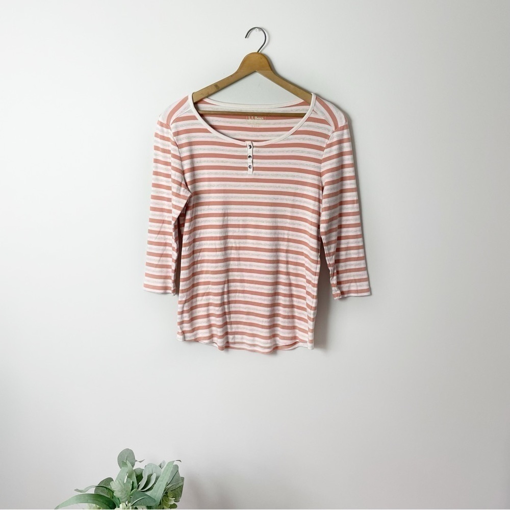 [L.L Bean] Women's Cream & Orange Striped Henley 3/4 Sleeve Length Top